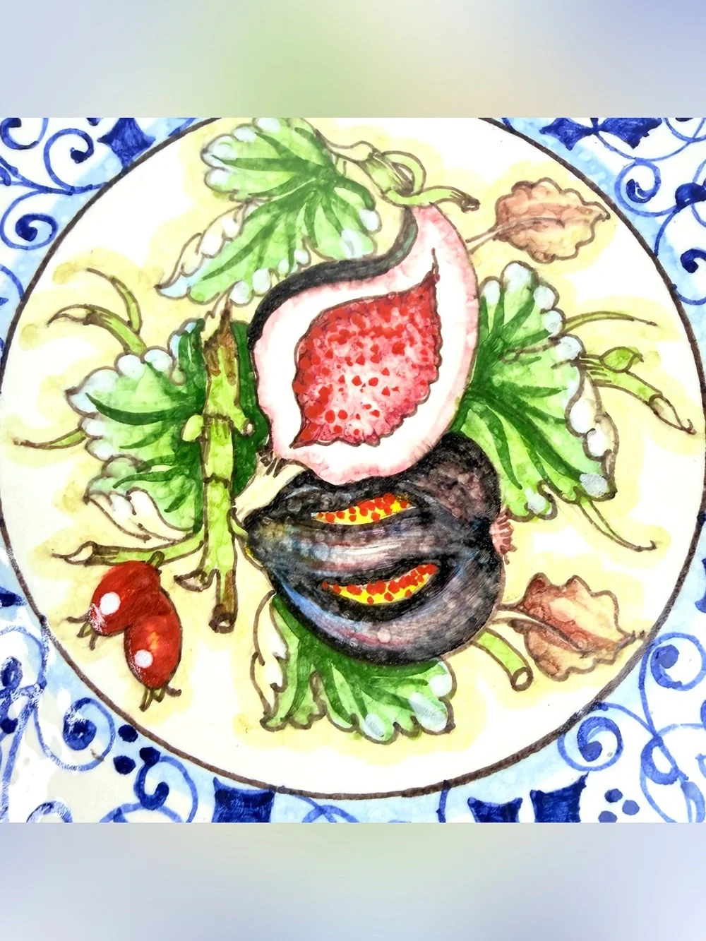 Vintage Italy Ceramica Cuore Trivet w/ Hand Painted Pomegranates, Blue And White